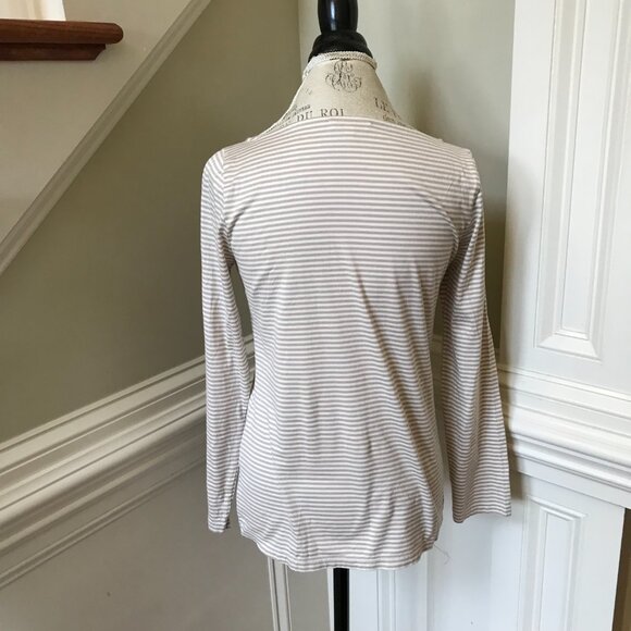 Ann Mashburn Long Sleeve Boatneck Tee T Shirt Top Womens Medium Tan Cream Stripe - Picture 8 of 9